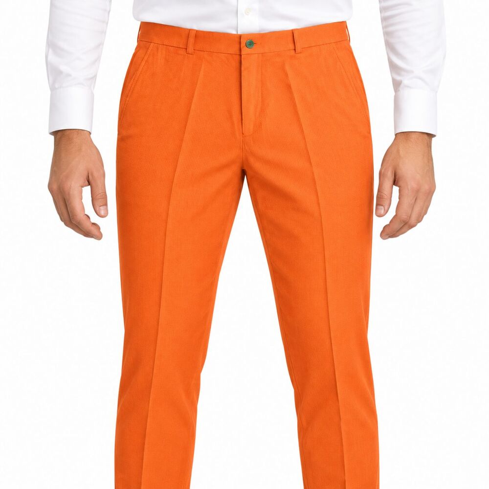 Mens 36 Orange Textured Cotton Slim Fit Flat Front Dress Pants Handmade Trousers